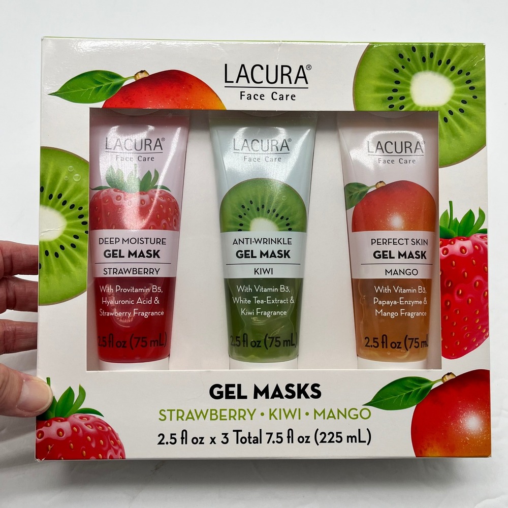 Lacura Face Care Fruit Gel Mask Set Strawberry Kiwi Mango 3 Pack 7.5oz Total